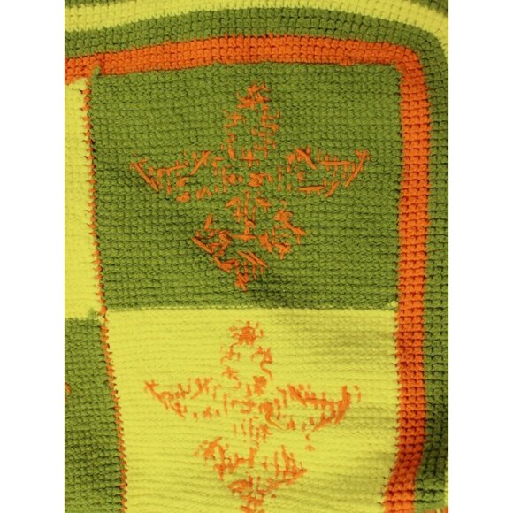 Vtg 70s Green Yellow Checkered Afghan Throw Blanket Floral Crest Knot Fringe - Picture 5 of 6